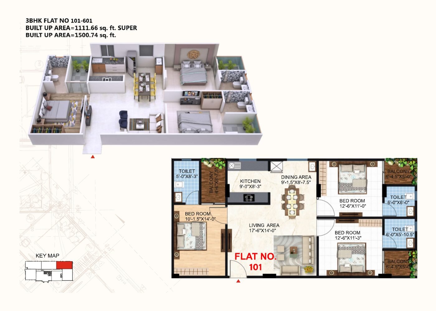 Sample 3BHK flat layout and 3D view, Krishna Kunj Height 2