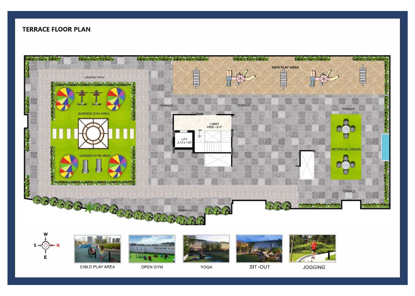 Terrace floor plan with jogging track, garden gym and kids play area, Krishna Kunj Height 2