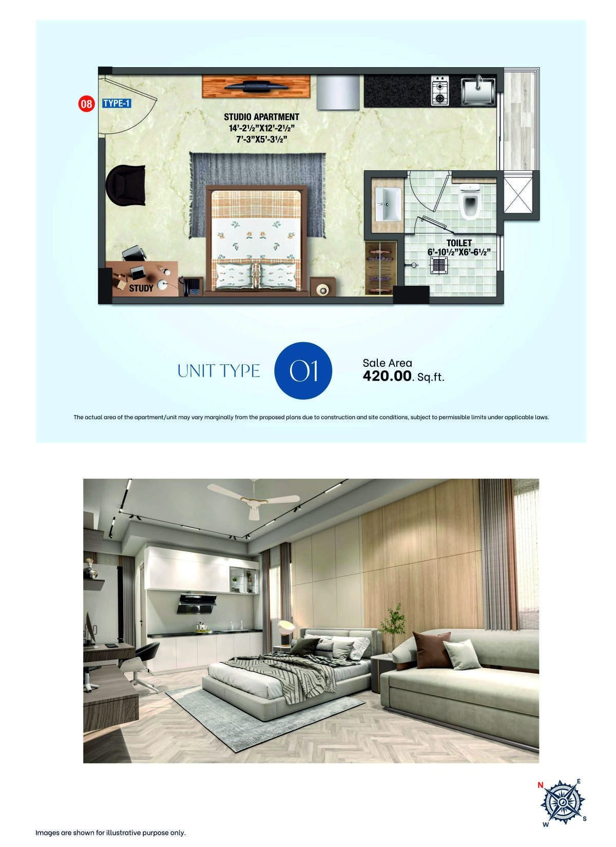 Type-1 studio apartment floor plan, Okay PLUS Sapphire Suites, 420 sq ft